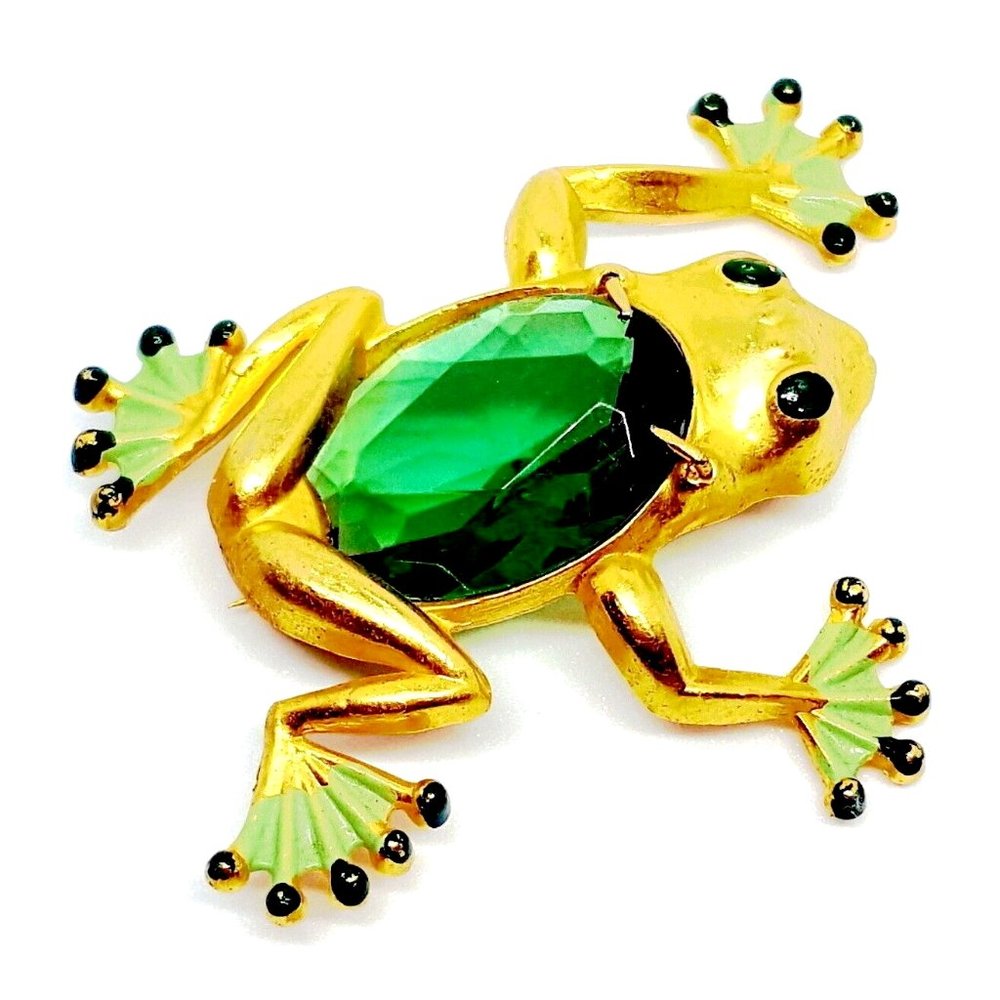 FROG GLASS BELLY PIN Toad Brooch GREEN ENAMEL Gold Tone 1940s FIGURAL Pot Metal